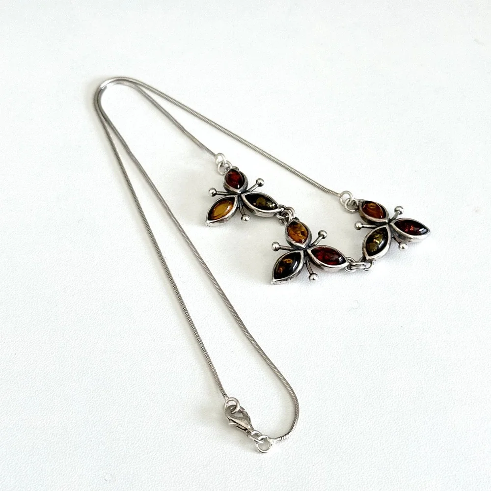 Vintage 925 Sterling Silver Natural Amber Cabochon Three Flowers Necklace 18